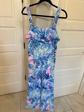 LILLY PULITZER Tasely Wide Leg Jumpsuit Romper Saltwater Blue Shade Seeker Sz 6
